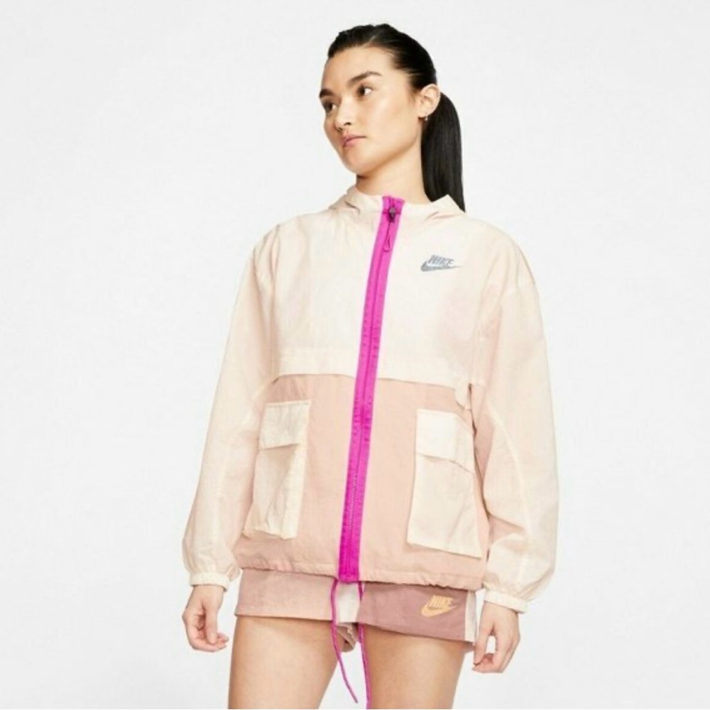 Nike Women's Pink and Cream Utility Jacket Y2K style Rain coat windbreaker teen